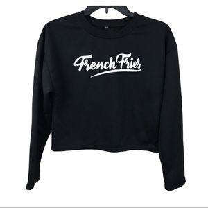French Fries Graphic Cropped Sweatshirt Black Long Sleeve Size S